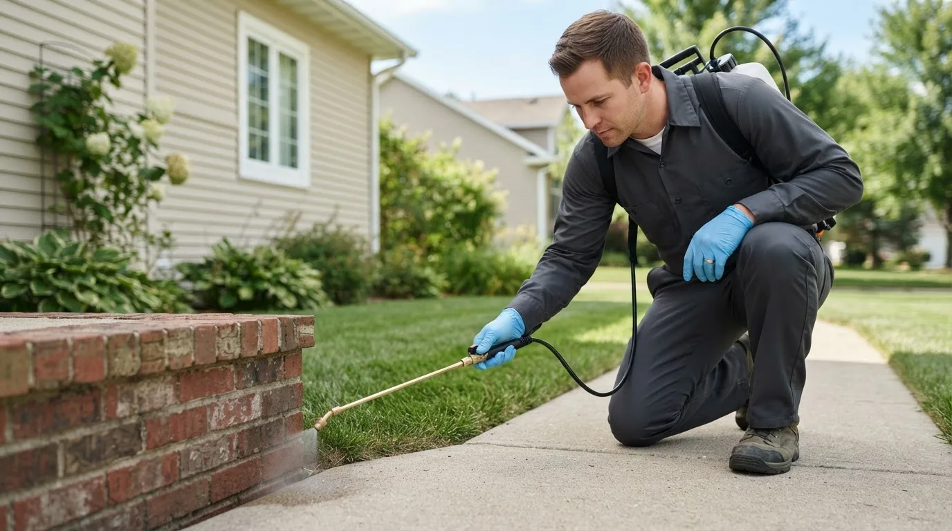Pest control technician treating a home near Delphos, KS