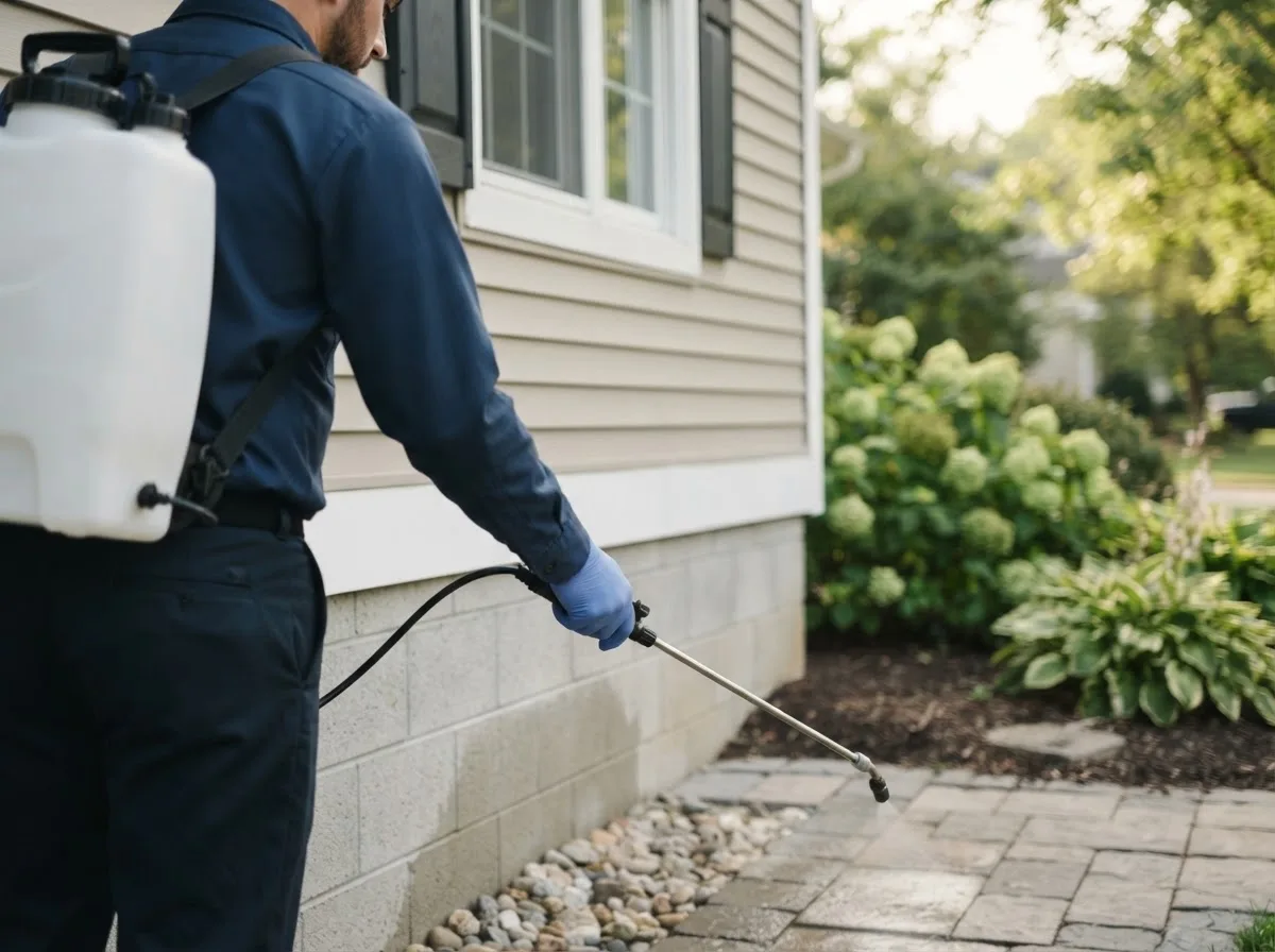 Pest control technician inspecting a home in Delphos, KS